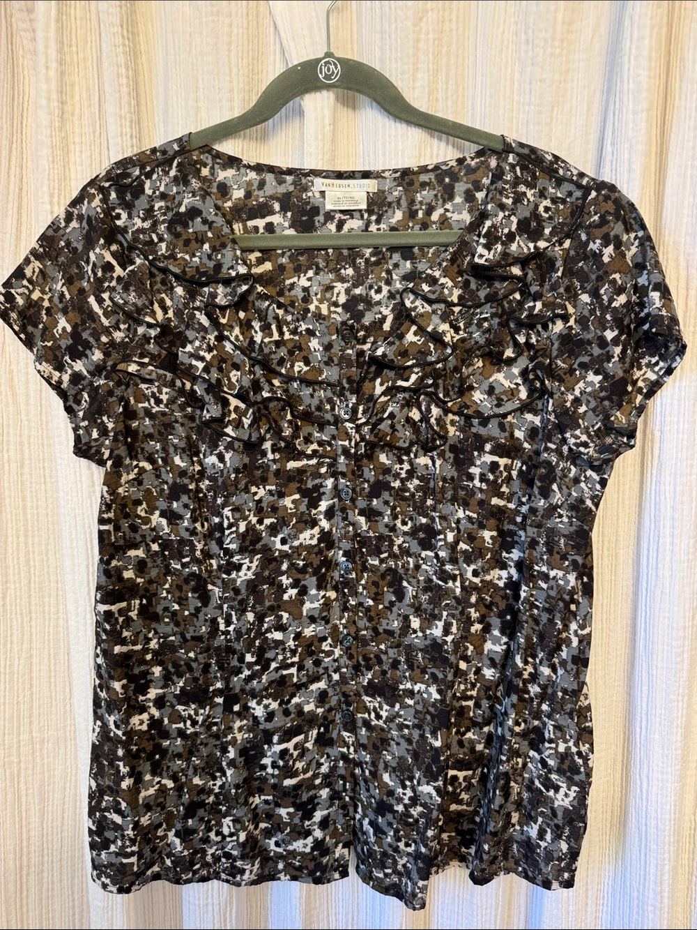 Van Heusen Black, White & Brown Printed Ruffle Front Button Down Blouse
